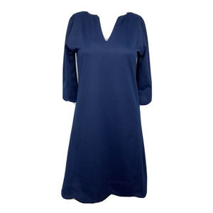 Vera Fishbaugh Dress Womens Sz XS Navy Blue Scalloped A Line Stretch Knee Length